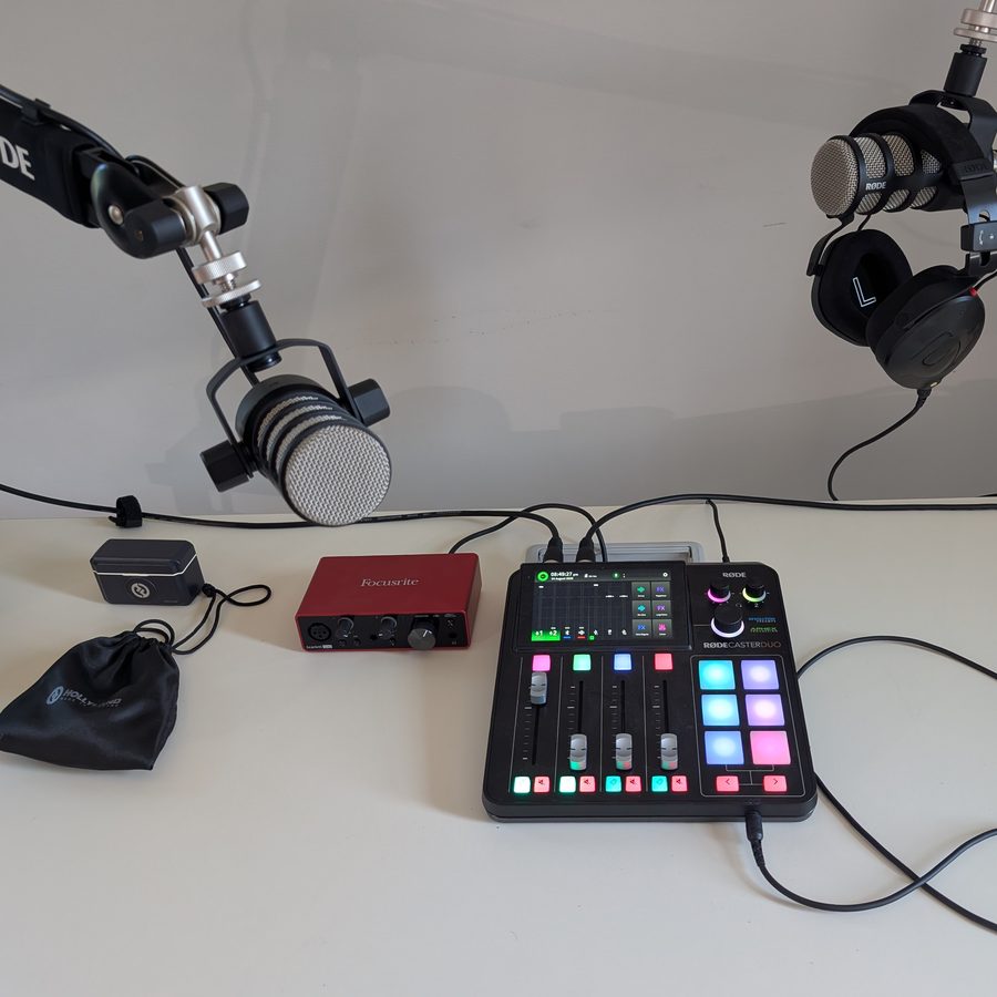 Broadcast microphones and the audio desk at Studio 1801
