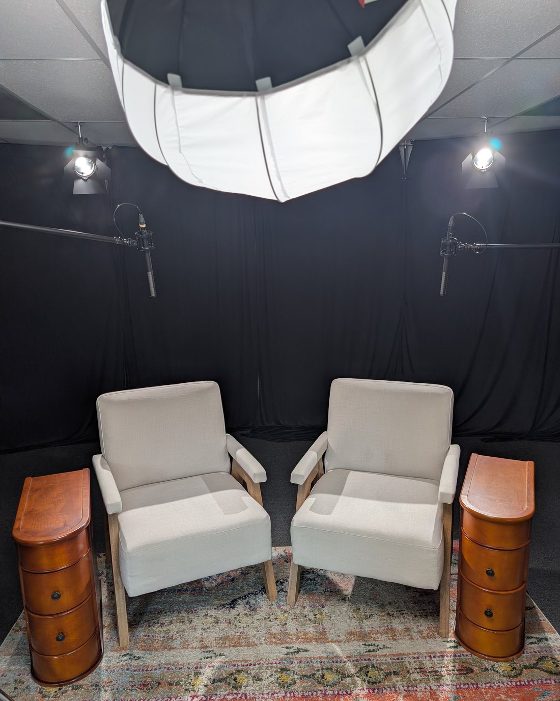 The two-chair interview set at Studio 1801